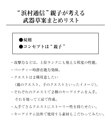 “浜村通信”親子が考える武器草案まとめリスト ●双剣 ●コンセプトは“親子”攻撃力などは、上位ランクにも使える程度の性能。 パーティー時潜在能力発揮。 クエストは2種用意したい(親のクエスト、子のクエストといったイメージ)。 それぞれのクエストで2種のキーアイテムを入手。それを使って工房で作成。 入手できるクエストにストーリー性を持たせたい。 キーアイテム以外で使用する素材もこだわってみたい。