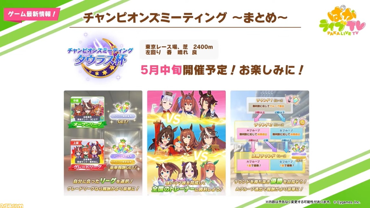 【ウマ娘4/24生放送まとめ】新レースイベント“チャンピオンズミーティング”が5月中旬に開催。新たな育成シナリオは鋭意開発中