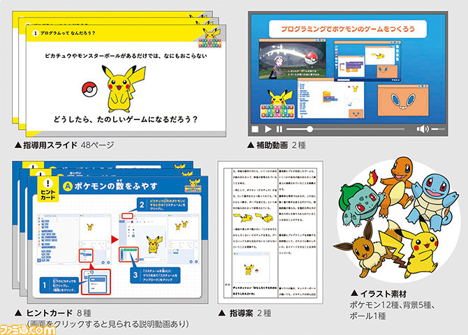 “ポケモンプログラミングスタートキット”が小学校向けに無償提供中。ポケモンたちを動かして簡単なゲームを作成する入門教材と、PC・タブレットで操作できる自習教材がセットに