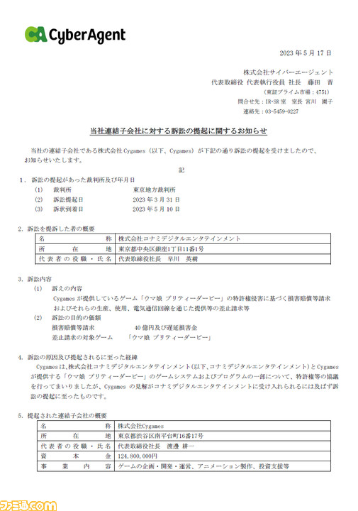 コナミが『ウマ娘』を巡りサイゲームスを訴訟。40億円の損害賠償とゲームの配信差し止めなどを請求